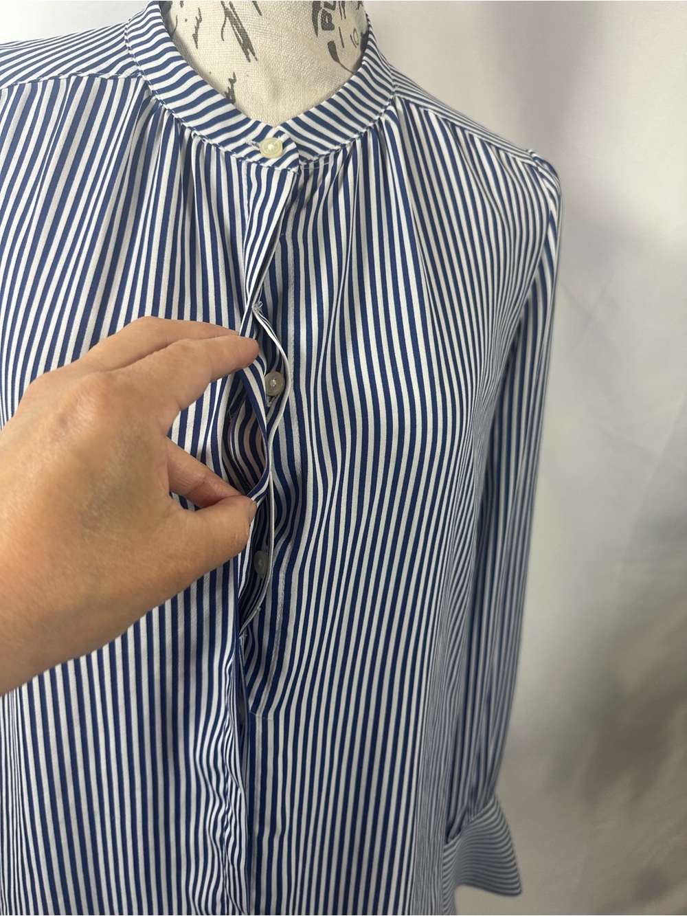 LOFT Navy and White Vertical-Stripe Button Blouse - Picture 10 of 11